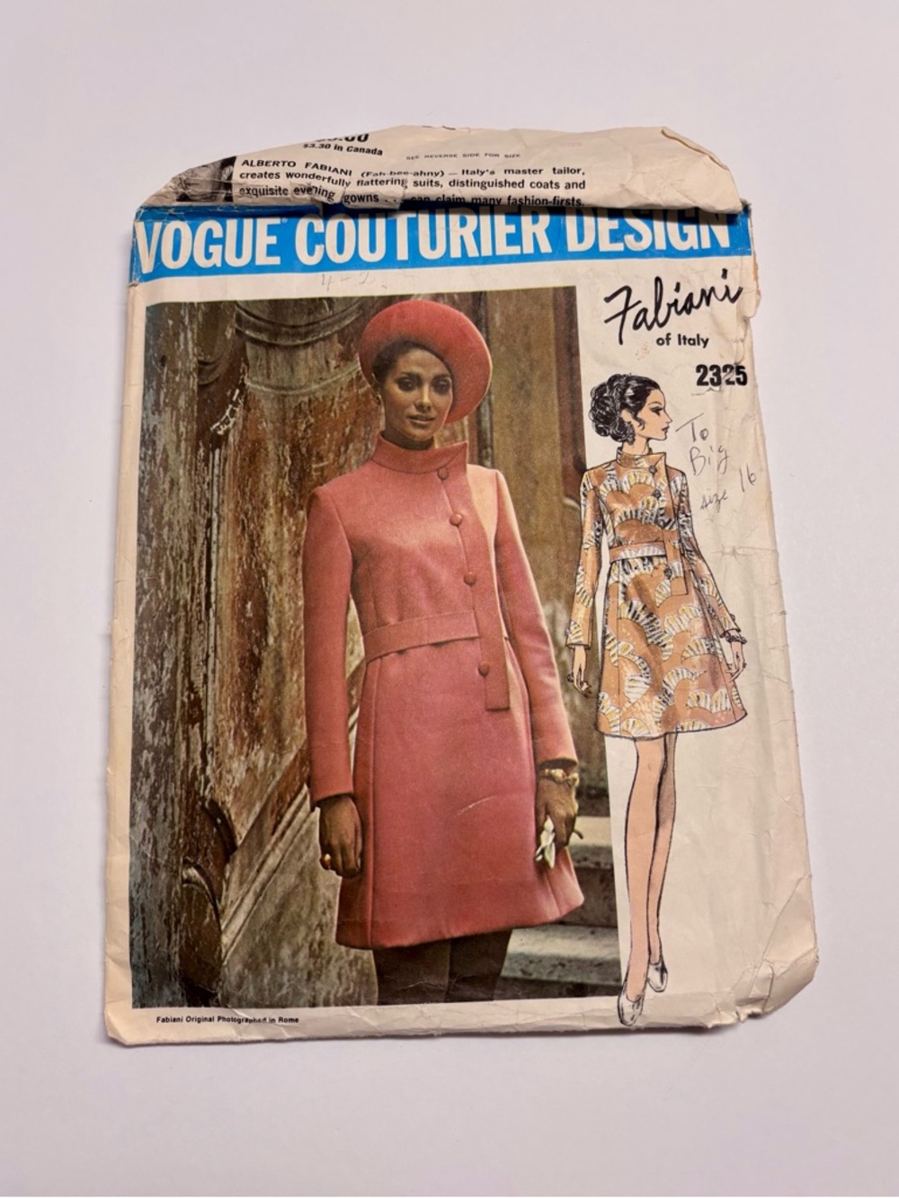 Vogue Couturier Design Pattern Featuring Pink Coat & Hat Fabiani of Paris Design